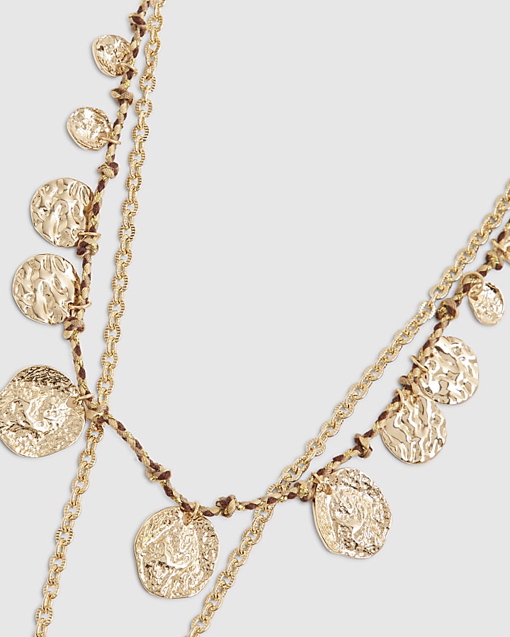 Gold Faux Agate Coin Charm Multirow Necklace