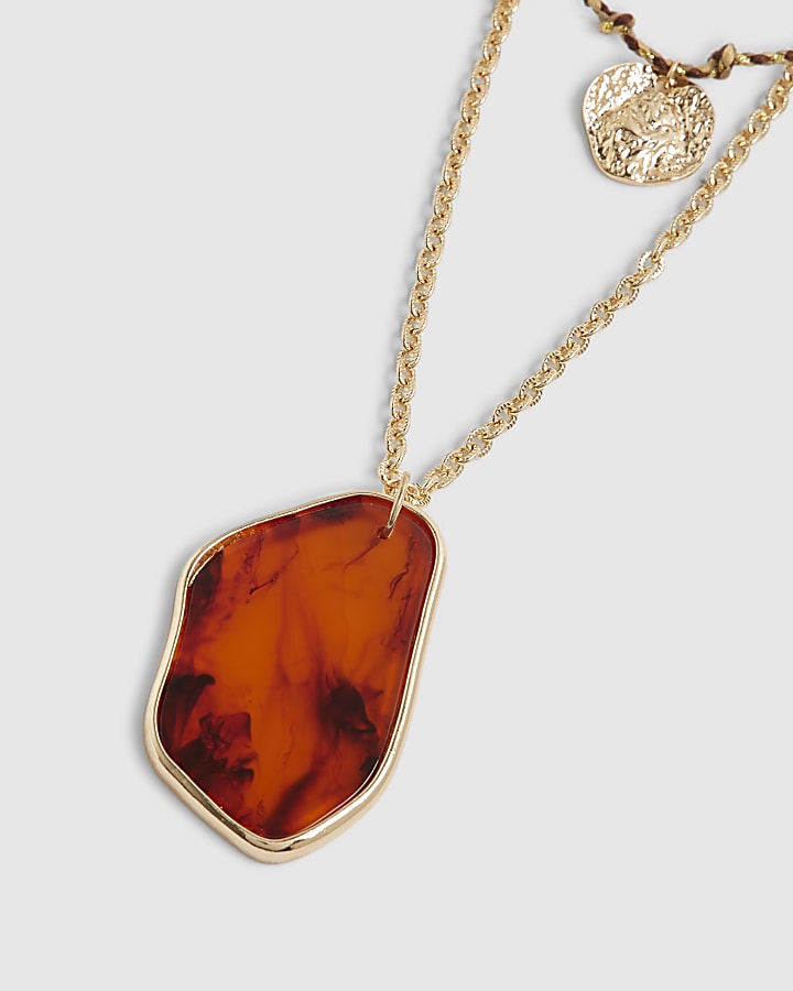 Gold Faux Agate Coin Charm Multirow Necklace