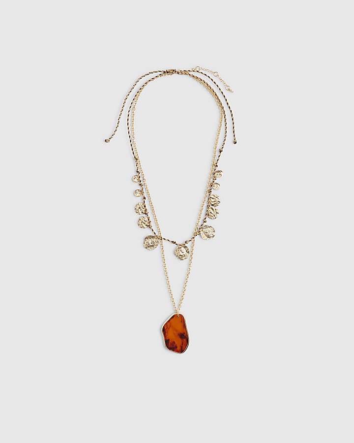 Gold Faux Agate Coin Charm Multirow Necklace