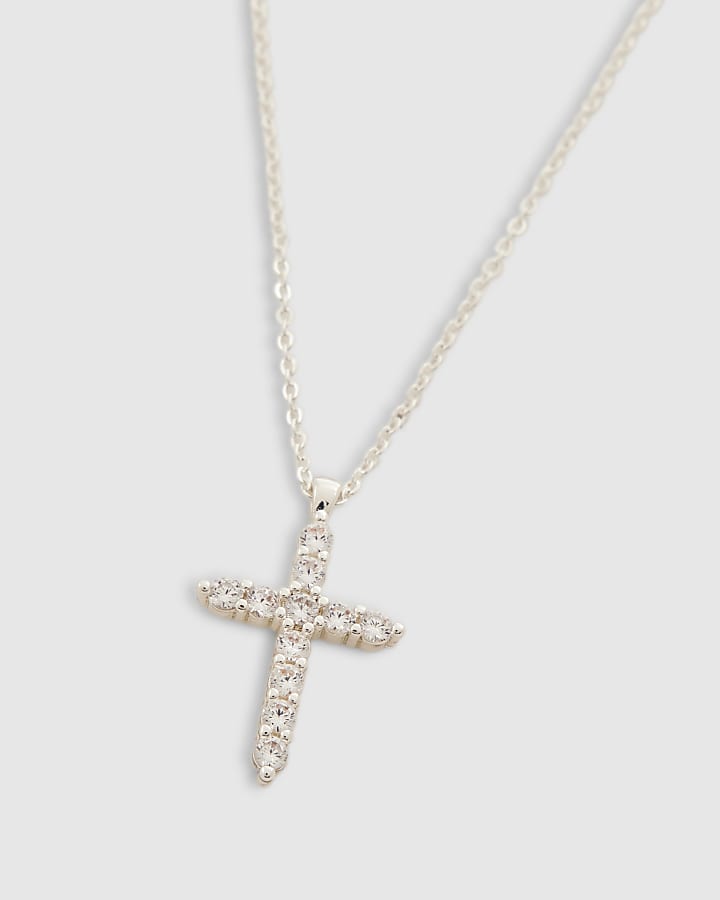 Silver Cross Diamond Simulant Necklace