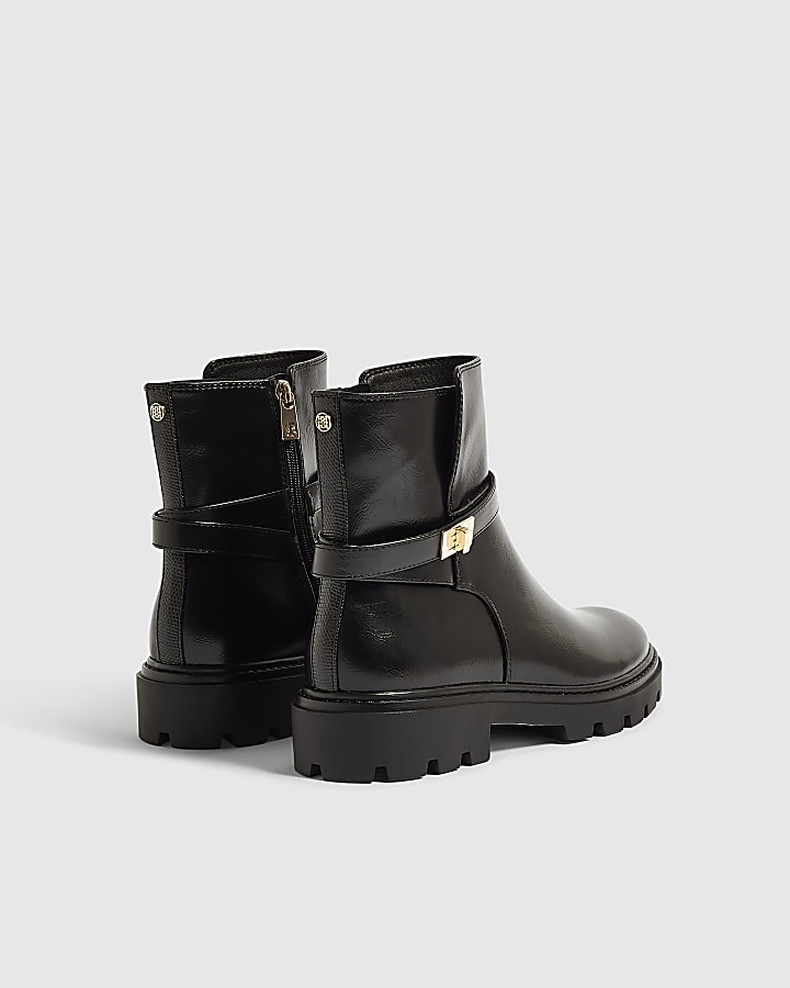 Black Faux Leather Lock Ankle Chunky Boots