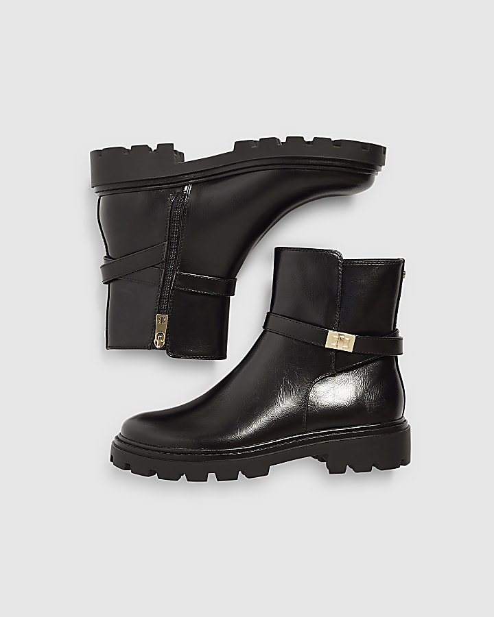 Black Faux Leather Lock Ankle Chunky Boots