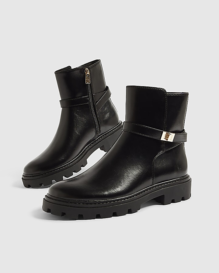 Black Faux Leather Lock Ankle Chunky Boots