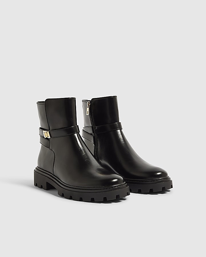 Black Faux Leather Lock Ankle Chunky Boots