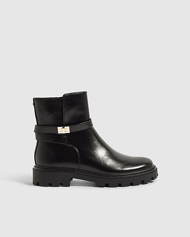 Black Faux Leather Lock Ankle Chunky Boots
