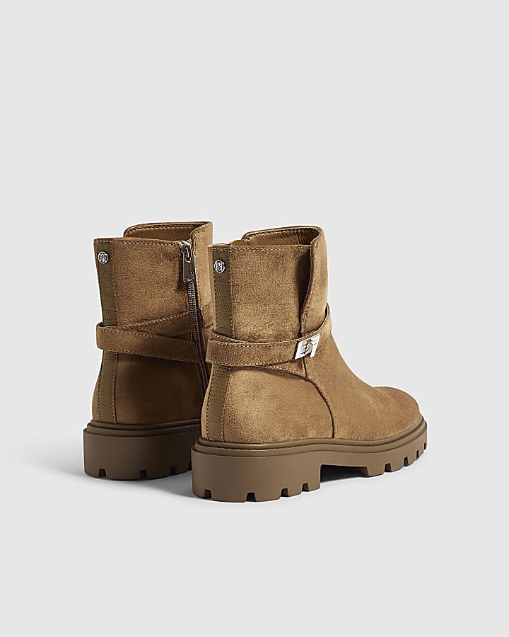 Brown Faux Suede Lock Ankle Chunky Boots