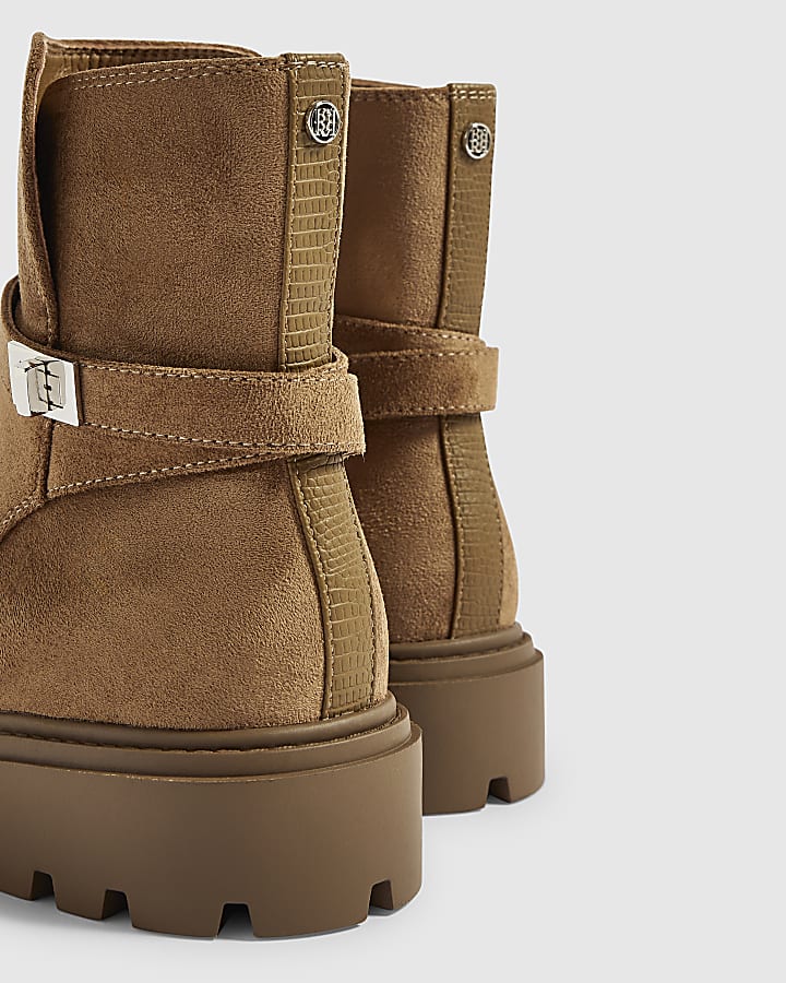 Brown Faux Suede Lock Ankle Chunky Boots