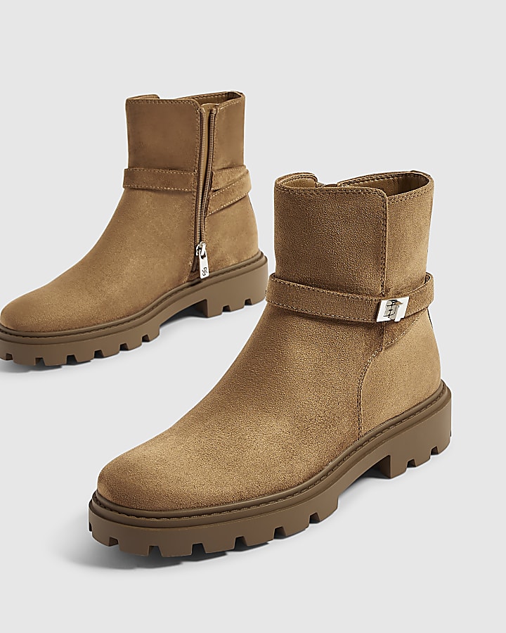 Brown Faux Suede Lock Ankle Chunky Boots