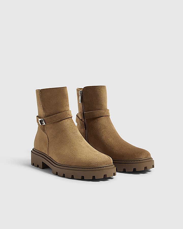 Brown Faux Suede Lock Ankle Chunky Boots