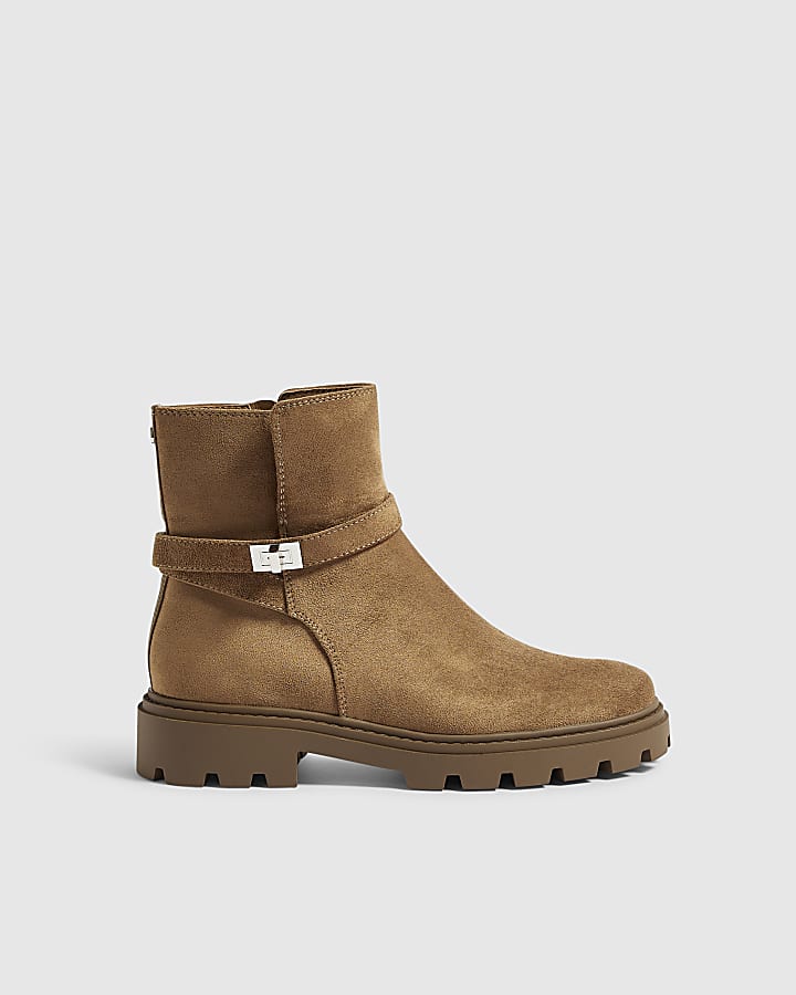 Brown Faux Suede Lock Ankle Chunky Boots