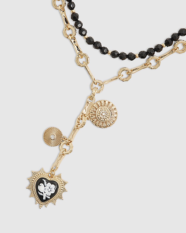 Black Heart Charm Multirow Necklace