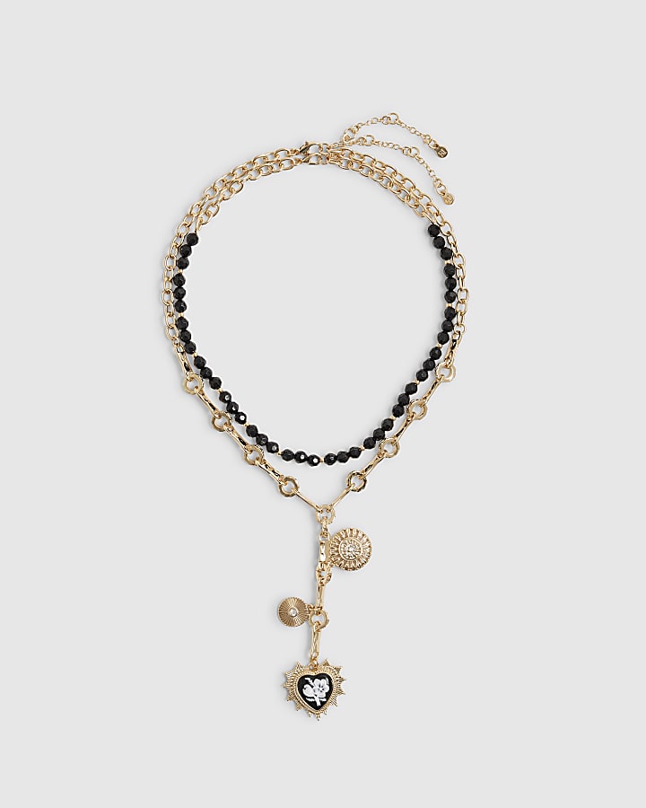 Black Heart Charm Multirow Necklace