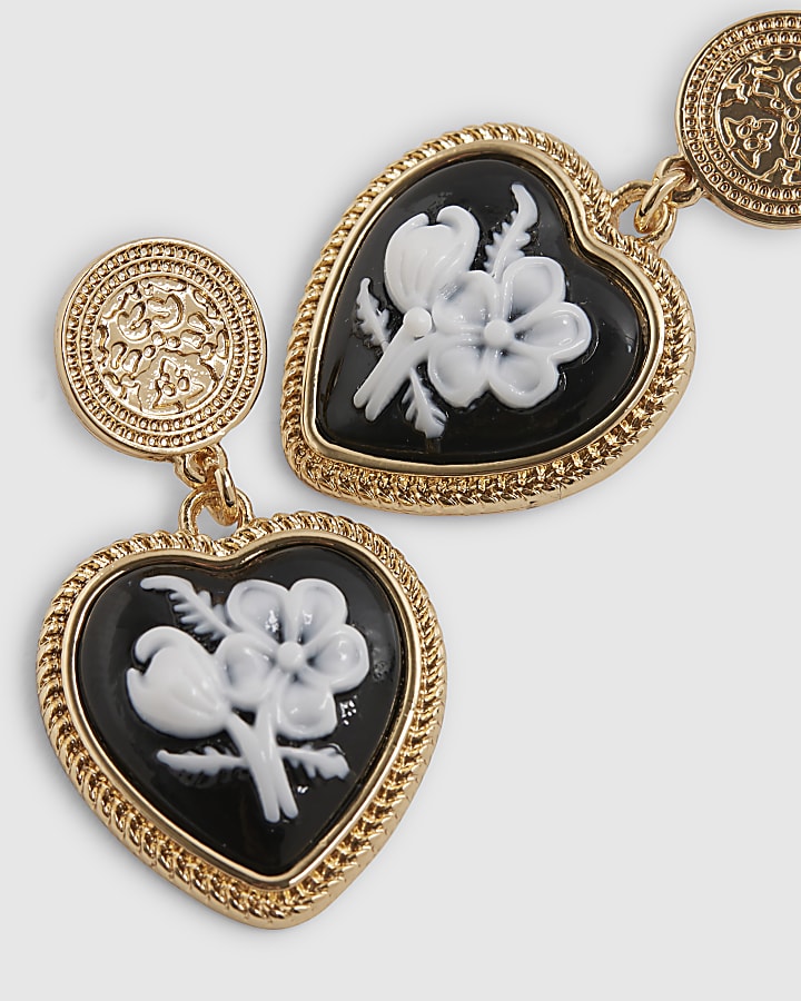 Black Painted Heart Drop Earrings