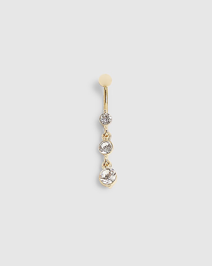 Gold Diamante Drop Belly Bar