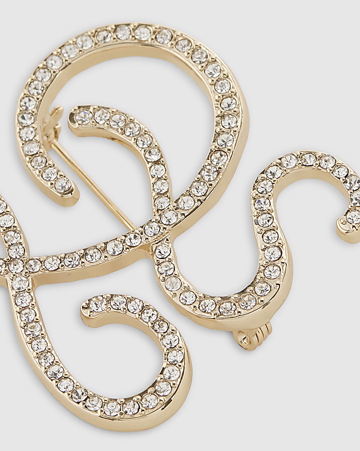 Gold Rhinestone Open Swirl Brooch