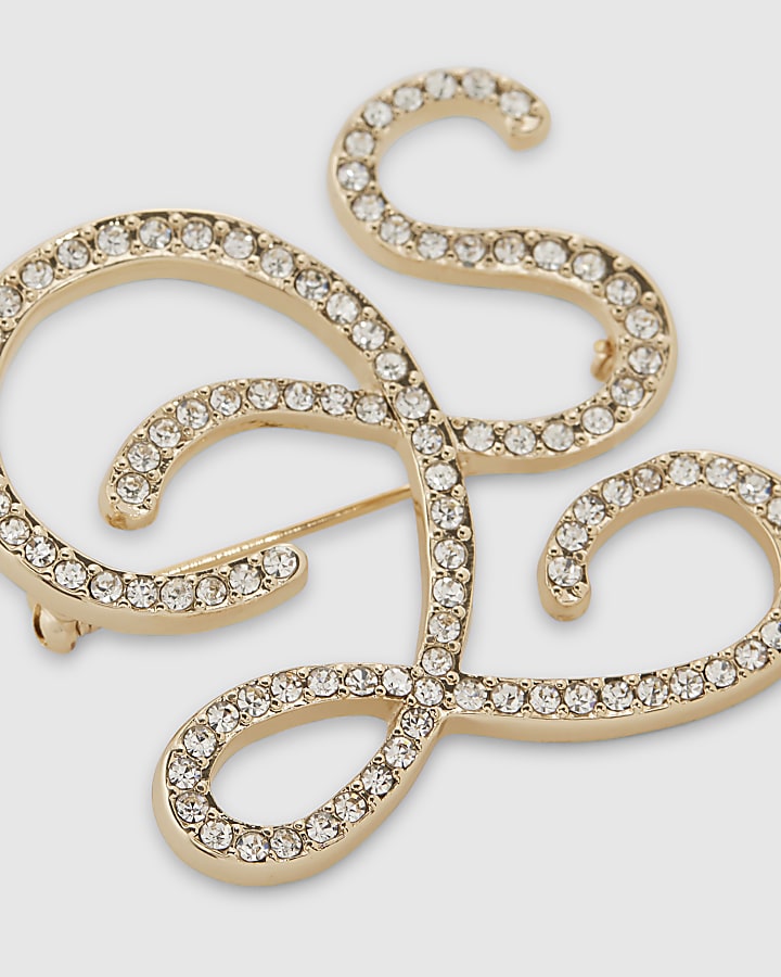 Gold Rhinestone Open Swirl Brooch