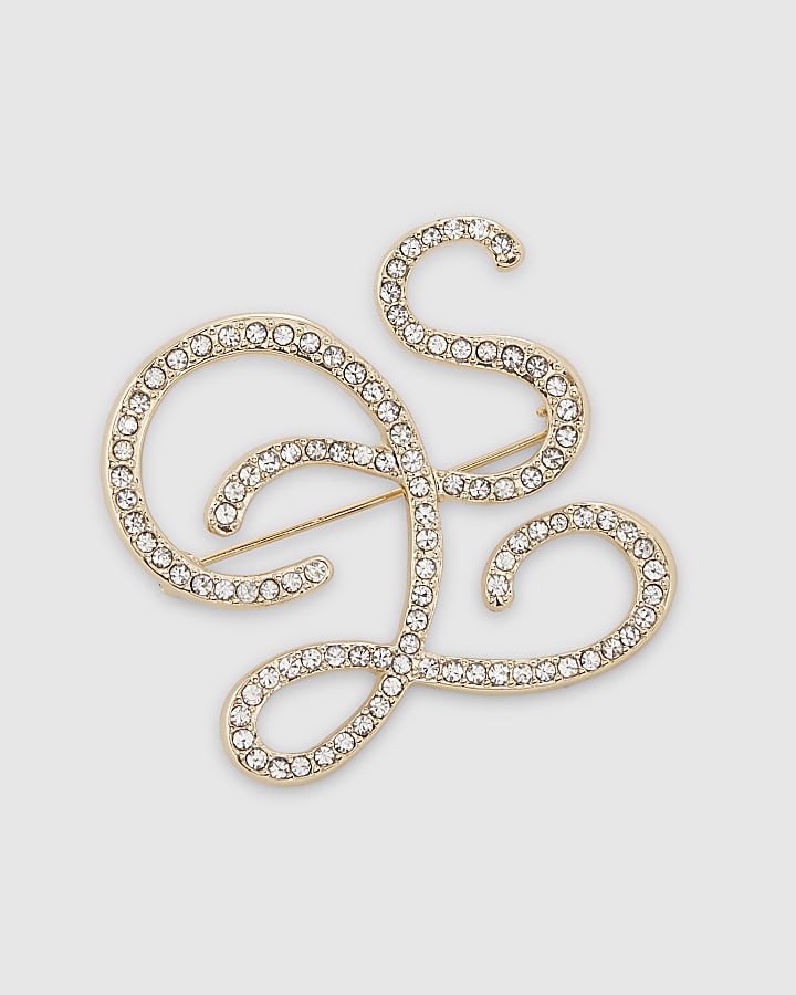 Gold Rhinestone Open Swirl Brooch