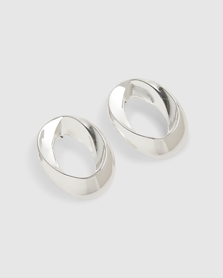 Silver Oval Twisted Stud Earrings