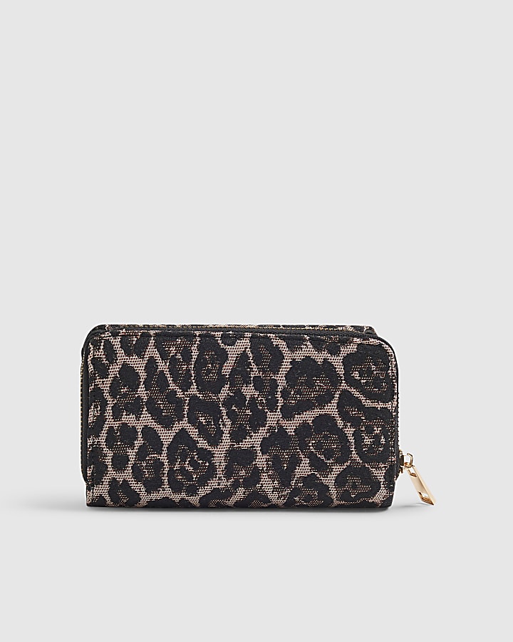 Brown Leopard Jacquard Logo Flap Purse