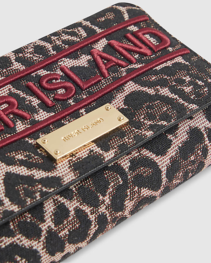 Brown Leopard Jacquard Logo Flap Purse