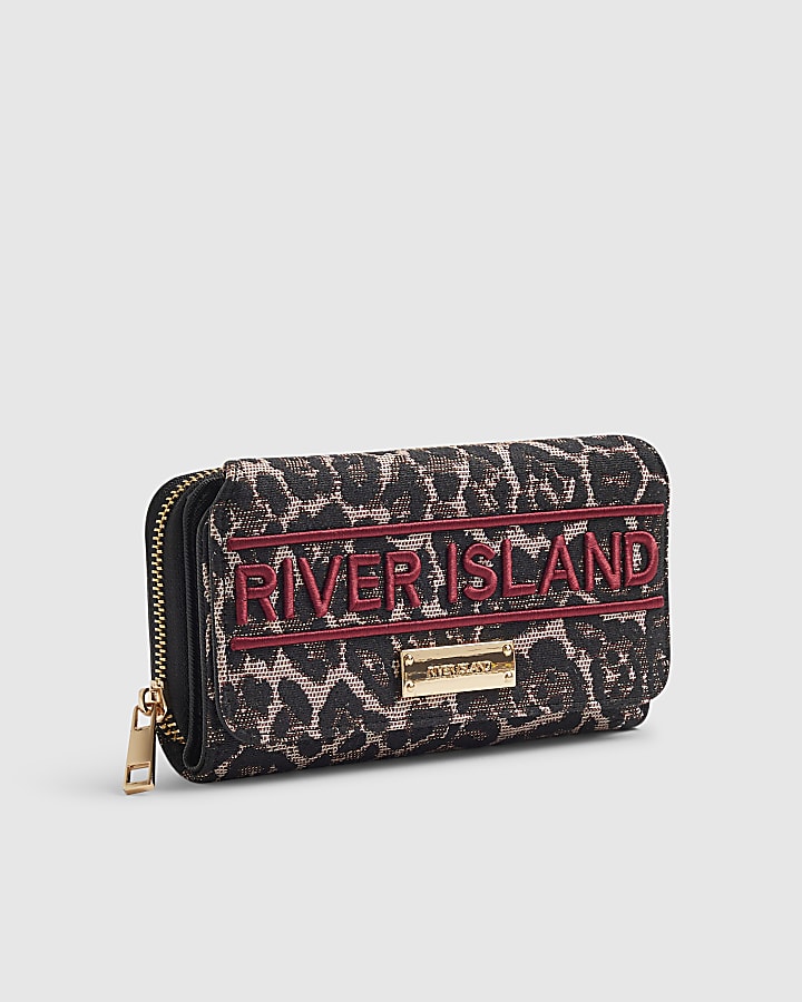 Brown Leopard Jacquard Logo Flap Purse