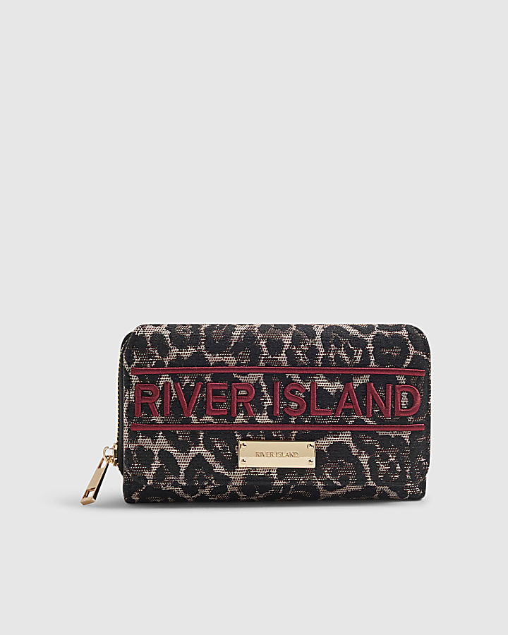 Brown Leopard Jacquard Logo Flap Purse
