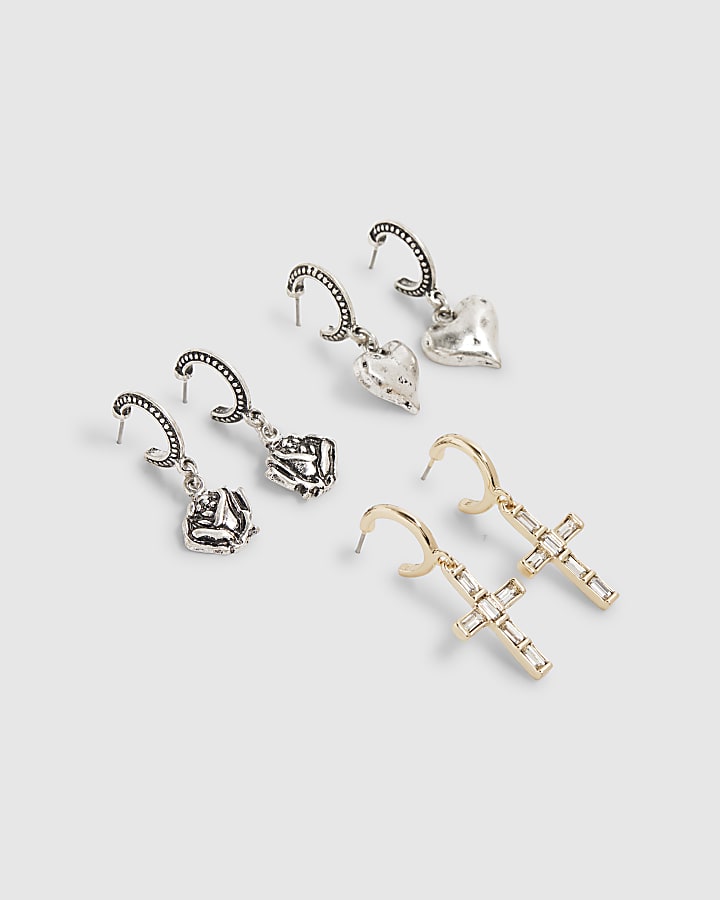 Silver Cross And Heart Earring Multipack