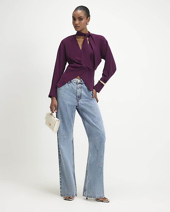 Purple Wrap Scarf Detail Shirt