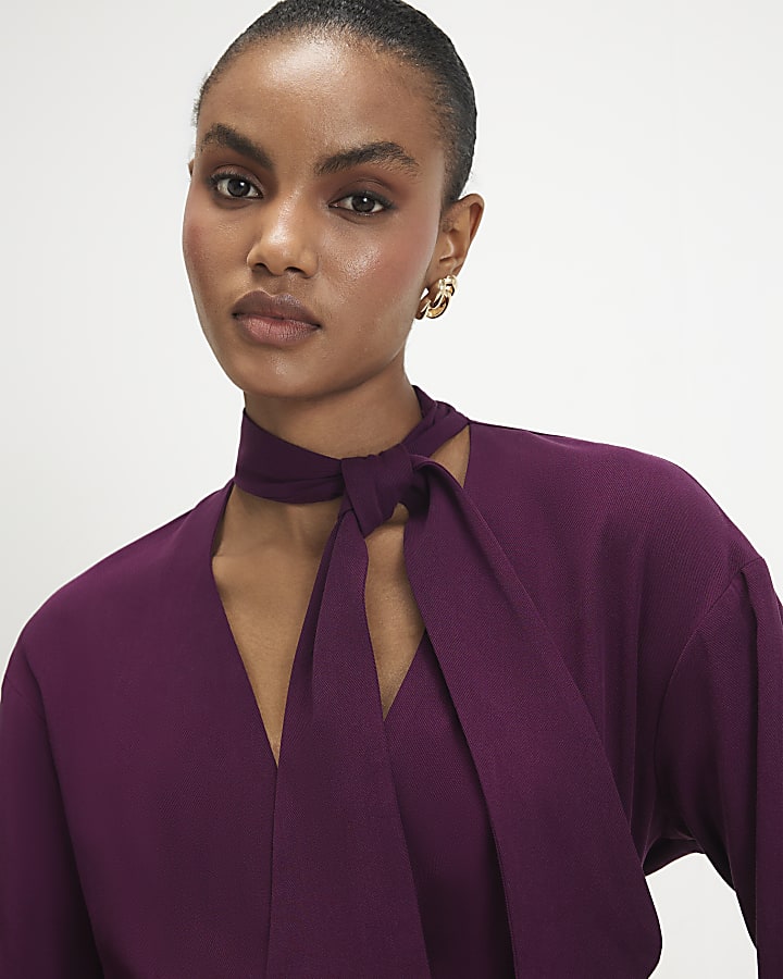 Purple Wrap Scarf Detail Shirt