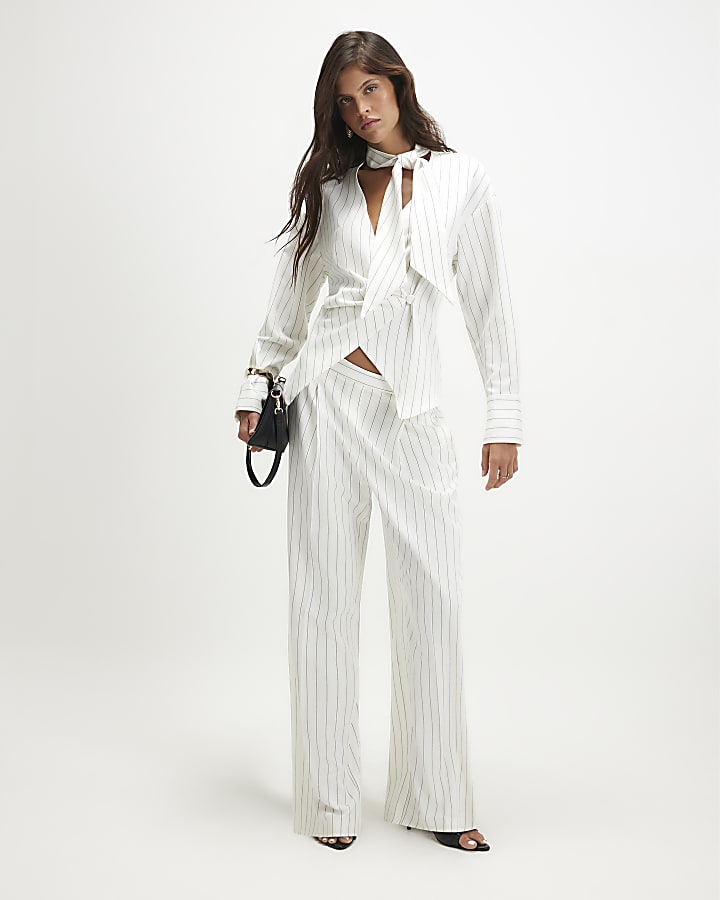 Cream Stripe Wrap Scarf Detail Shirt