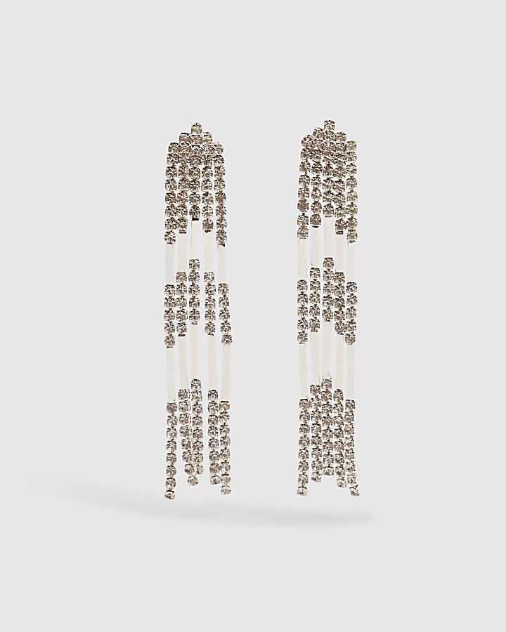 Silver Rhinestone Chevron Drop Earrings