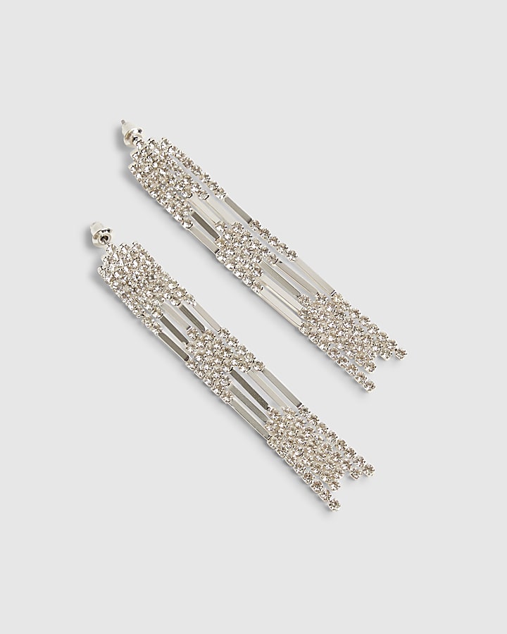 Silver Rhinestone Chevron Drop Earrings