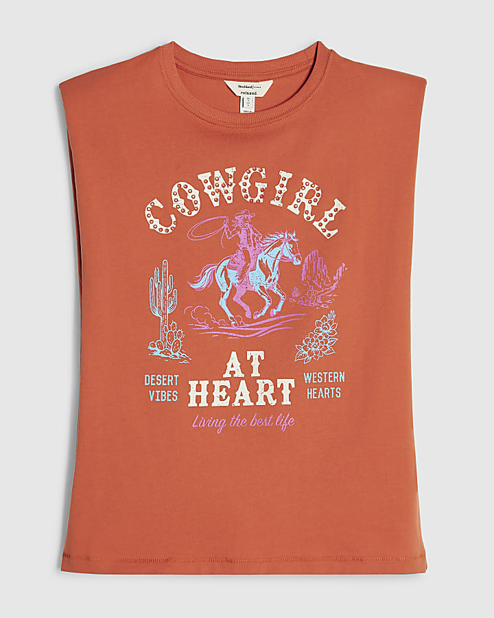 Orange Cotton Cowgirl Studded Tank Top