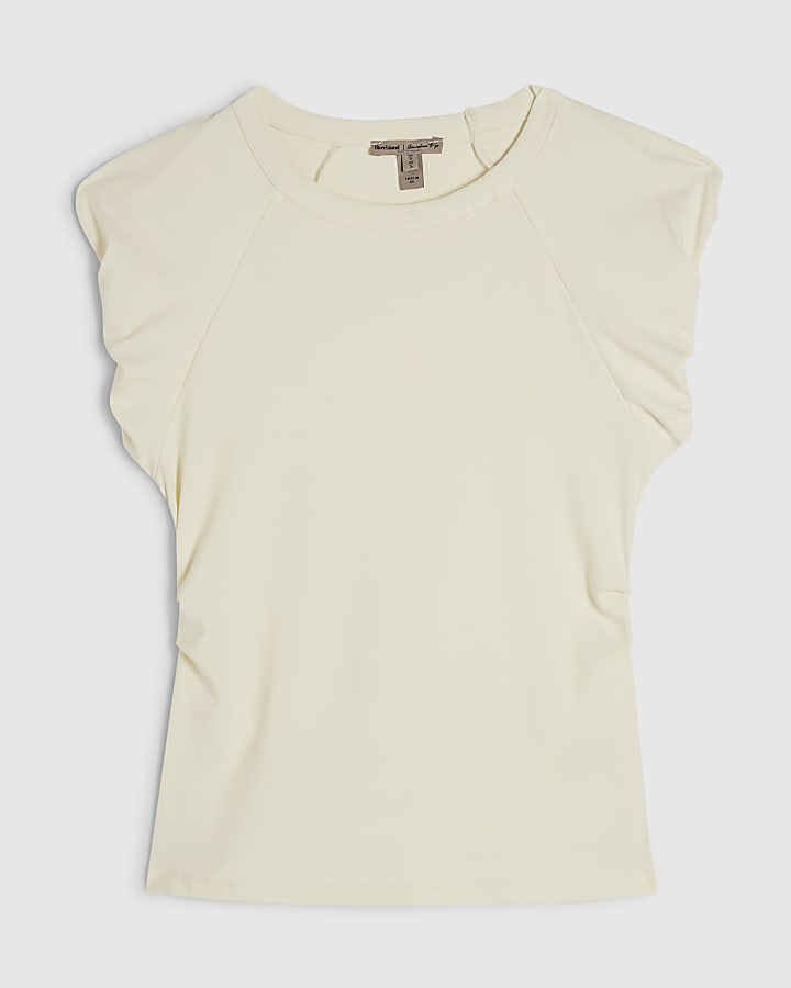 Cream Cotton Pleat Sleeve T-Shirt