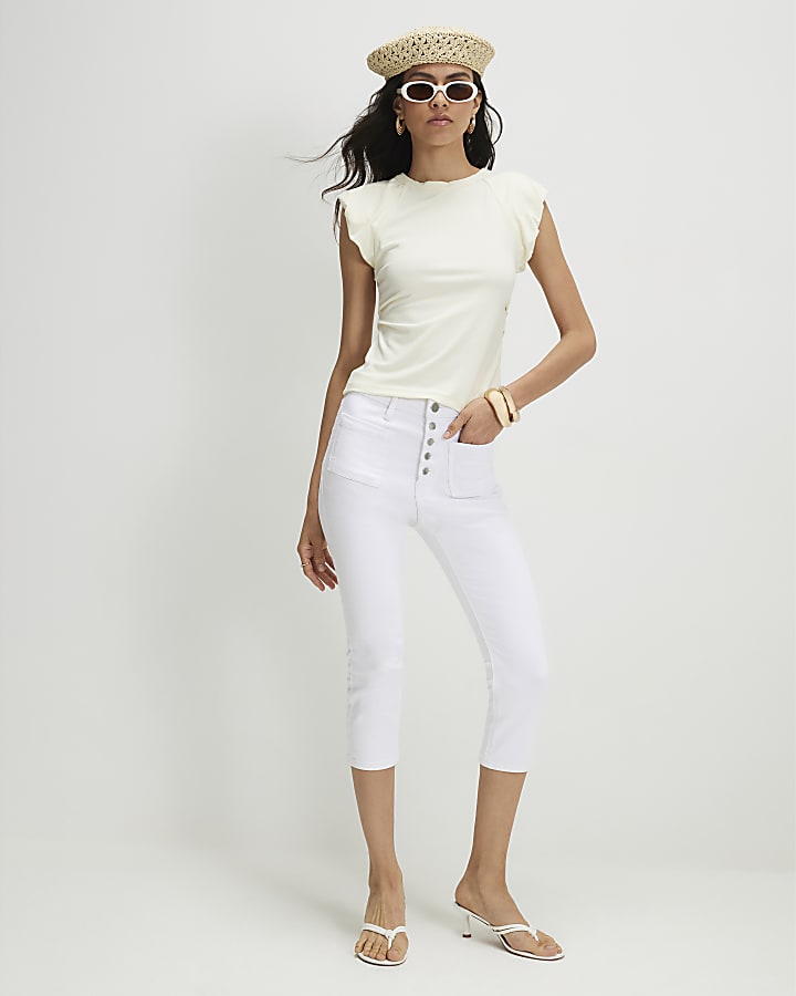 Cream Cotton Pleat Sleeve T-Shirt