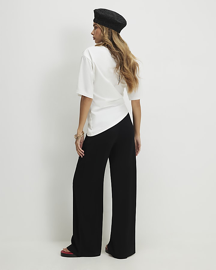 Black Wide Leg Ribbed Trousers