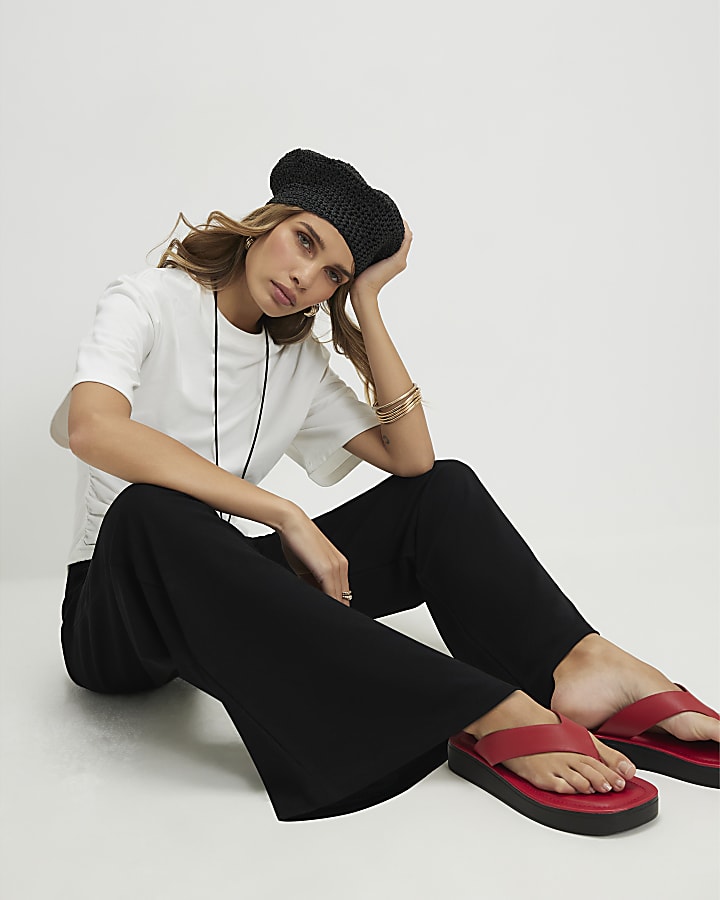 Black Wide Leg Ribbed Trousers