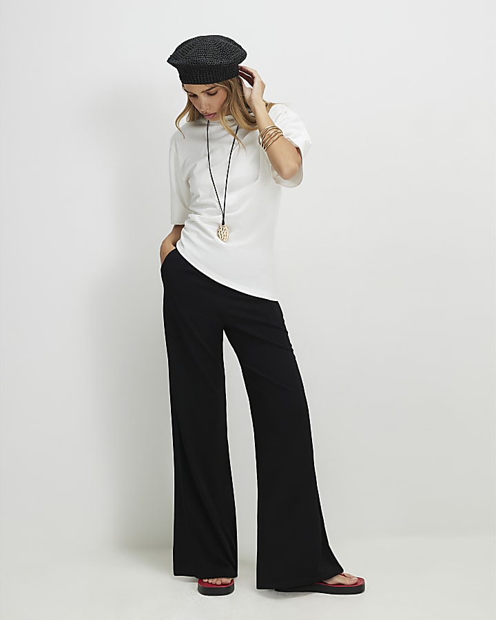 Black Wide Leg Ribbed Trousers