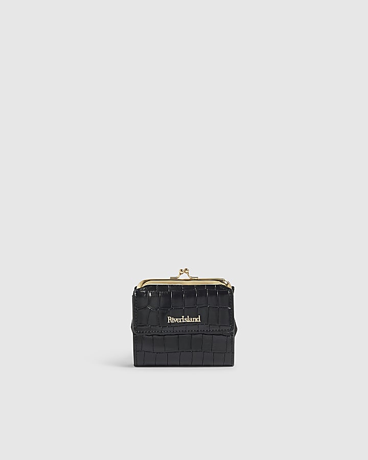 Black Croc Print Mini Frame Pouch