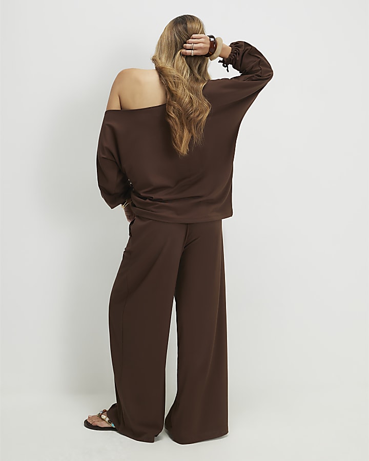 Brown Asymmetric Top And Trousers Set