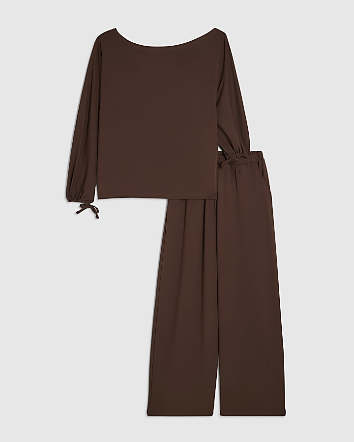 Brown Asymmetric Top And Trousers Set