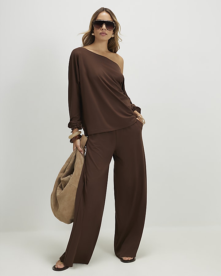 Brown Asymmetric Top And Trousers Set