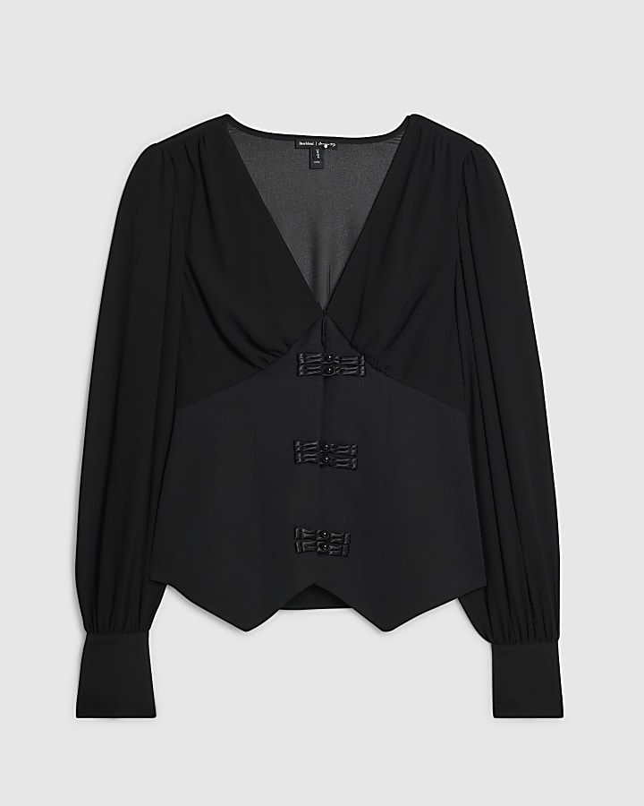 Black Satin Corset Detail Blouse