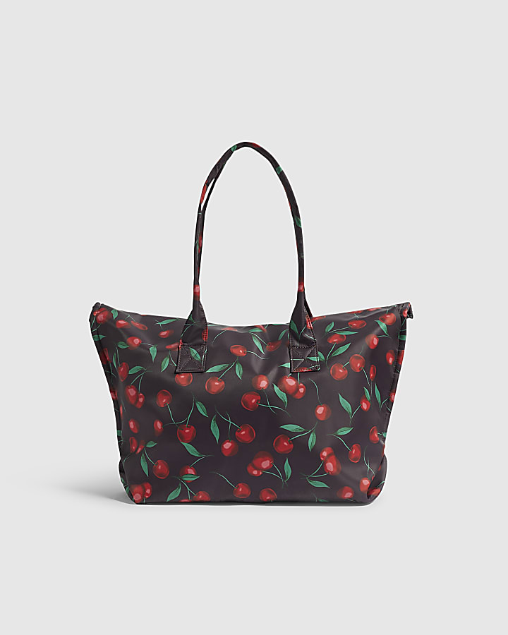 Burgundy Cherry Print Roll Top Bag
