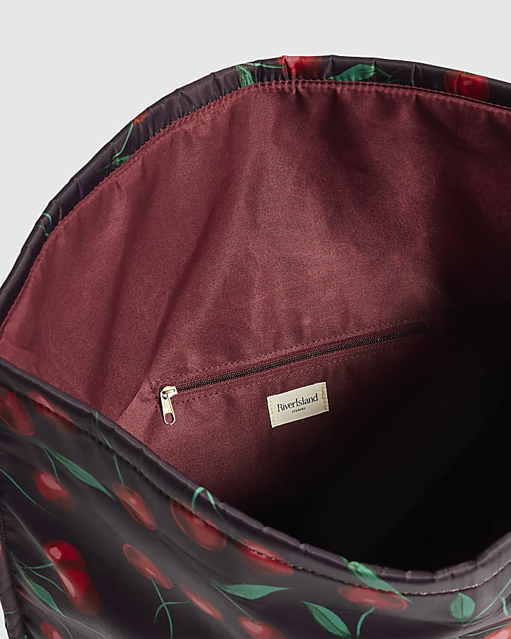 Burgundy Cherry Print Roll Top Bag