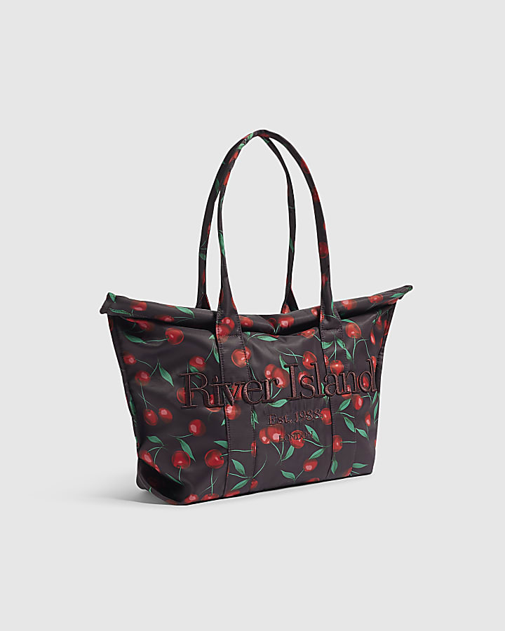 Burgundy Cherry Print Roll Top Bag
