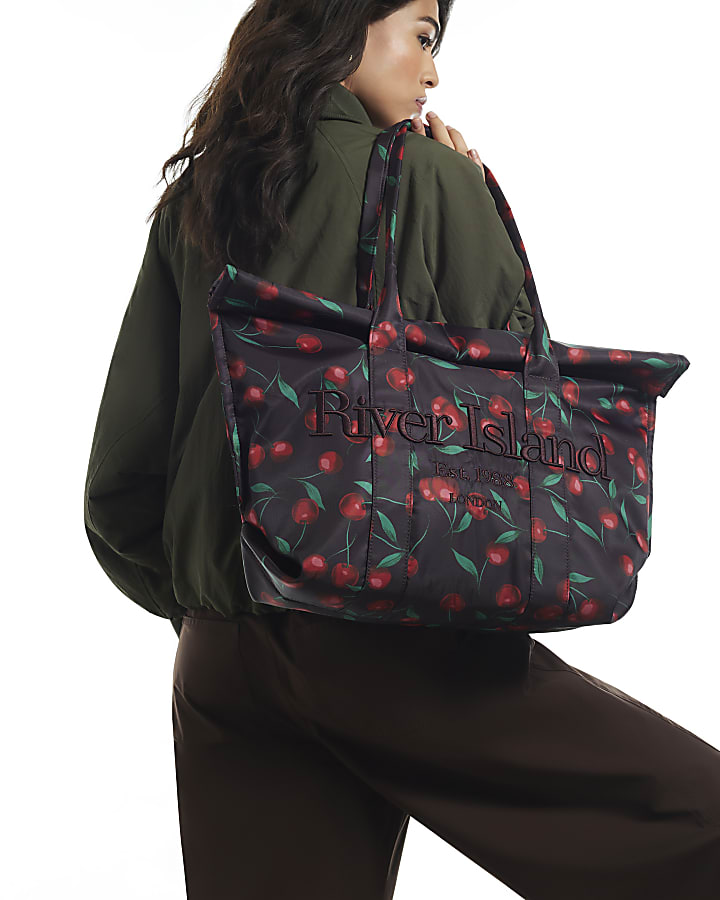 Burgundy Cherry Print Roll Top Bag
