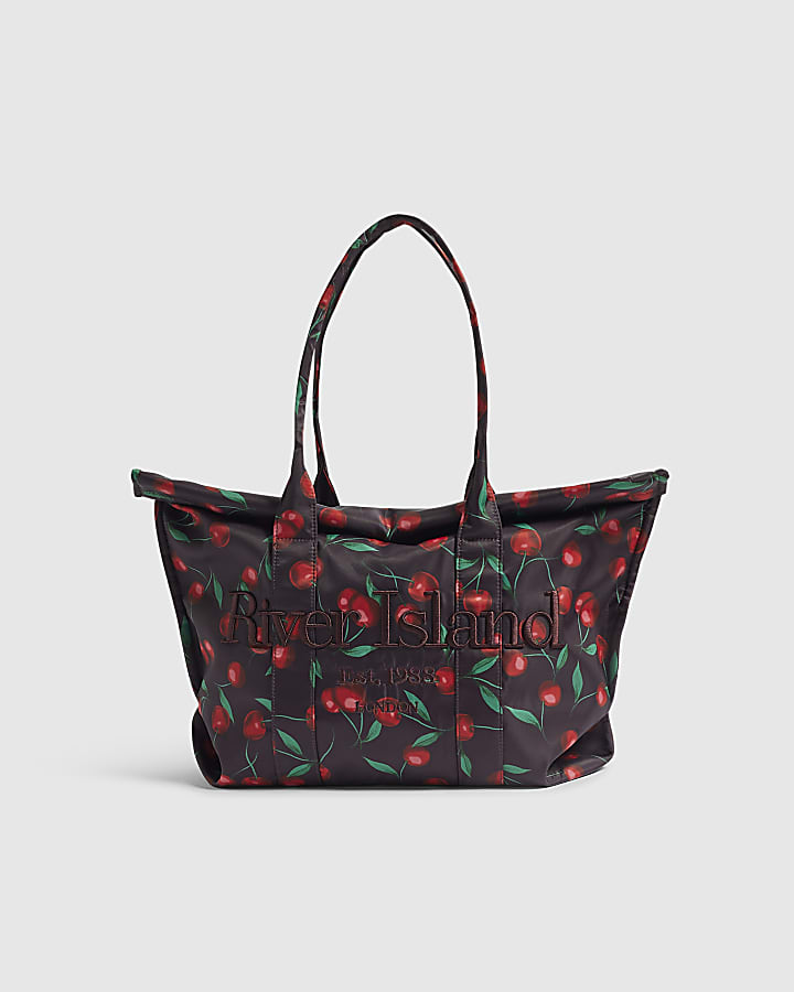 Burgundy Cherry Print Roll Top Bag