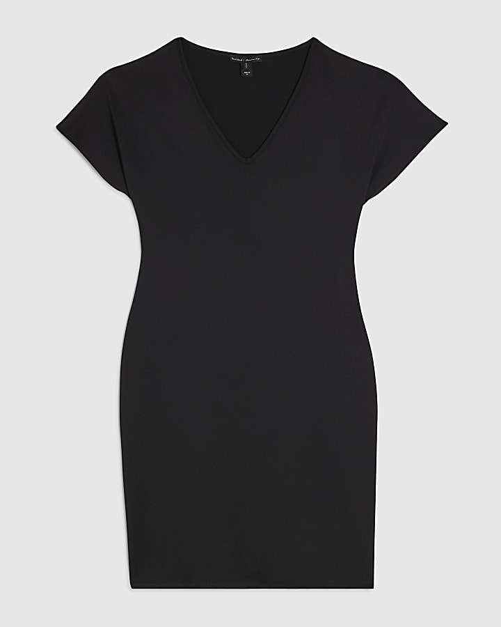 Black Cotton Short Sleeve V Neck Mini Dress