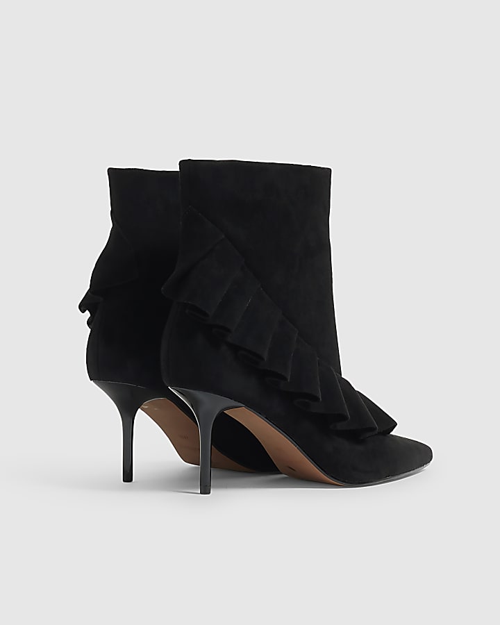 Black Faux Suede Ruffle Side Boots